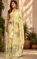 Yellow printed ready-to-wear Chanderi cotton saree with unstitched blouse