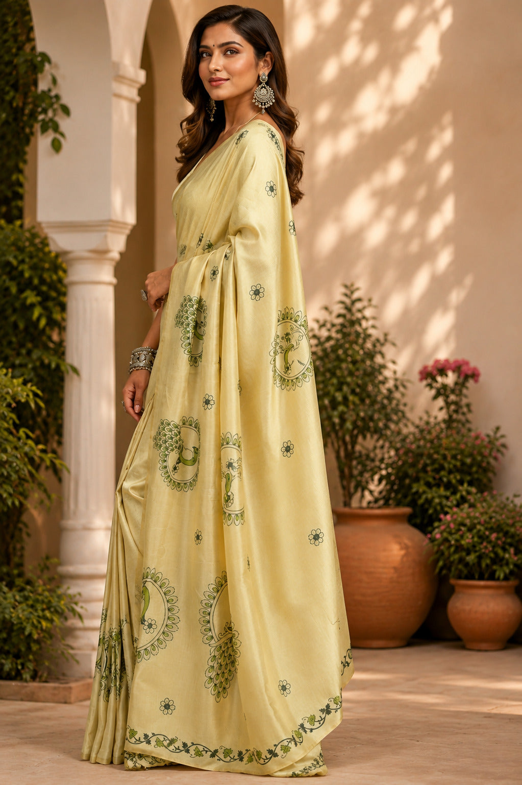 Yellow Printed Ready-To-Wear Chanderi Cotton Saree with Blouse