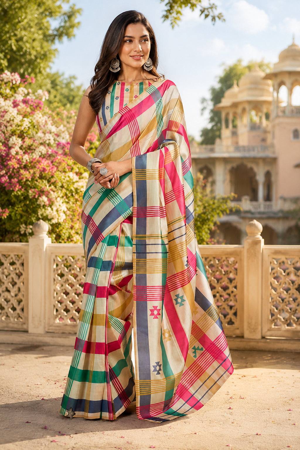 Multicolor printed Chanderi Cotton ready-to-wear saree