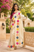 White ready to wear printed Chanderi cotton saree with unstitched blouse