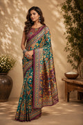 Elegant green printed Chanderi Cotton ready-to-wear saree with matching unstitched blouse