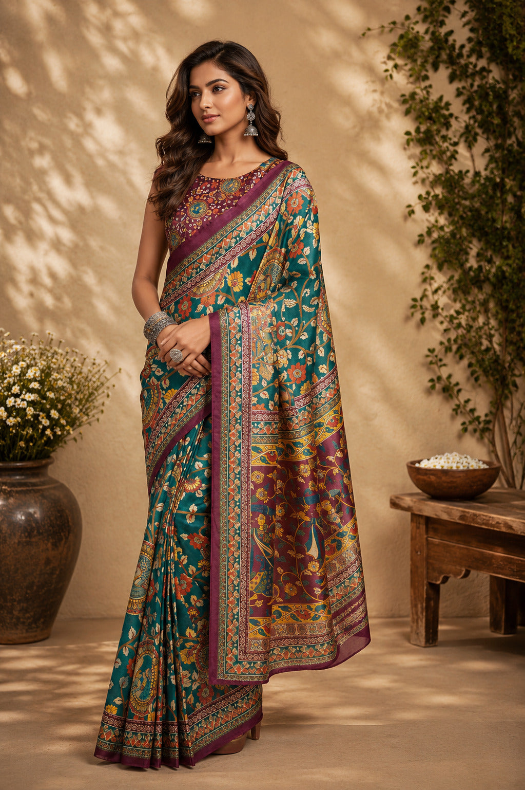Elegant green printed Chanderi Cotton ready-to-wear saree with matching unstitched blouse