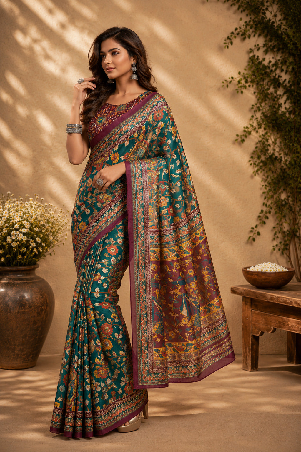 Green Printed Chanderi Cotton Ready To Wear Saree with Blouse