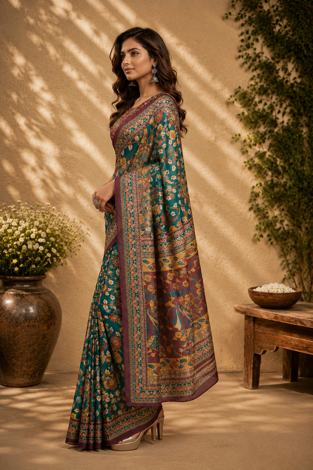 Green Printed Chanderi Cotton Ready To Wear Saree with Blouse