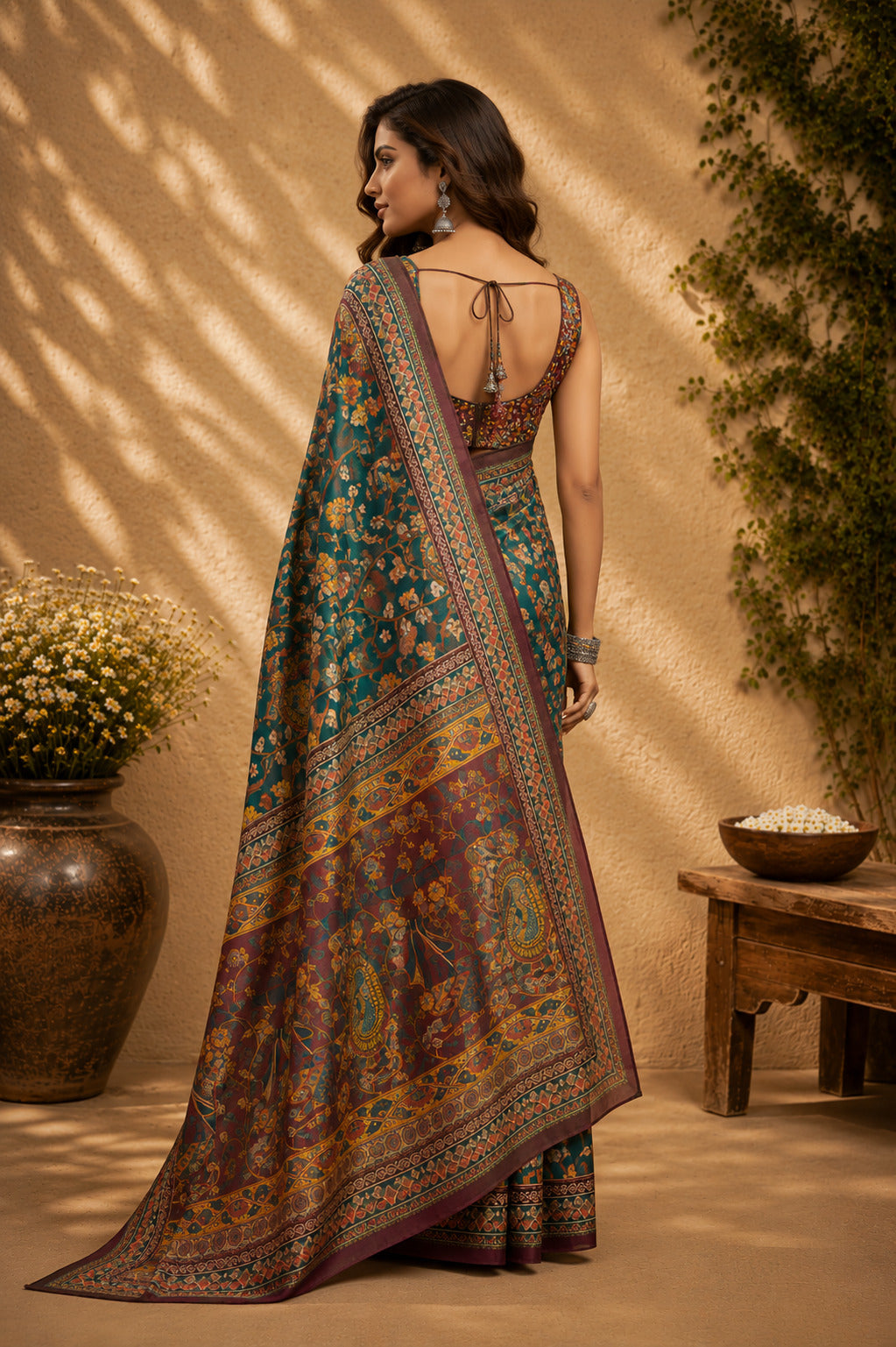 Green Printed Chanderi Cotton Ready To Wear Saree with Blouse