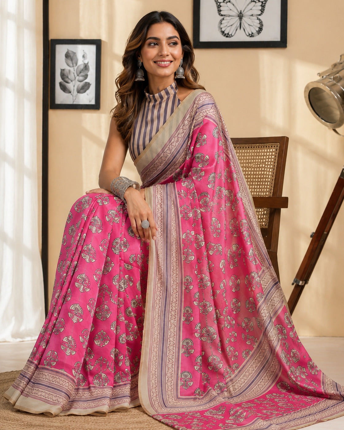 Pink Printed Chanderi Cotton Ready-to-Wear Party Saree