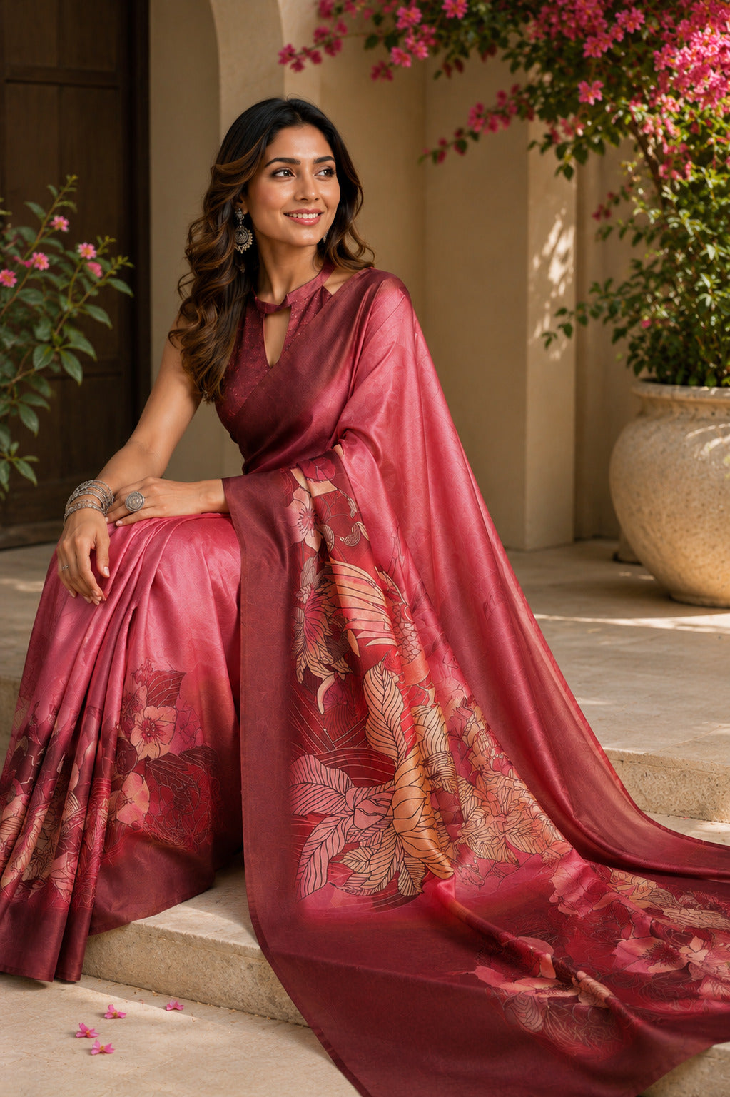 Baby Pink Ready To Wear Printed Linen Saree with Unstitched Blouse