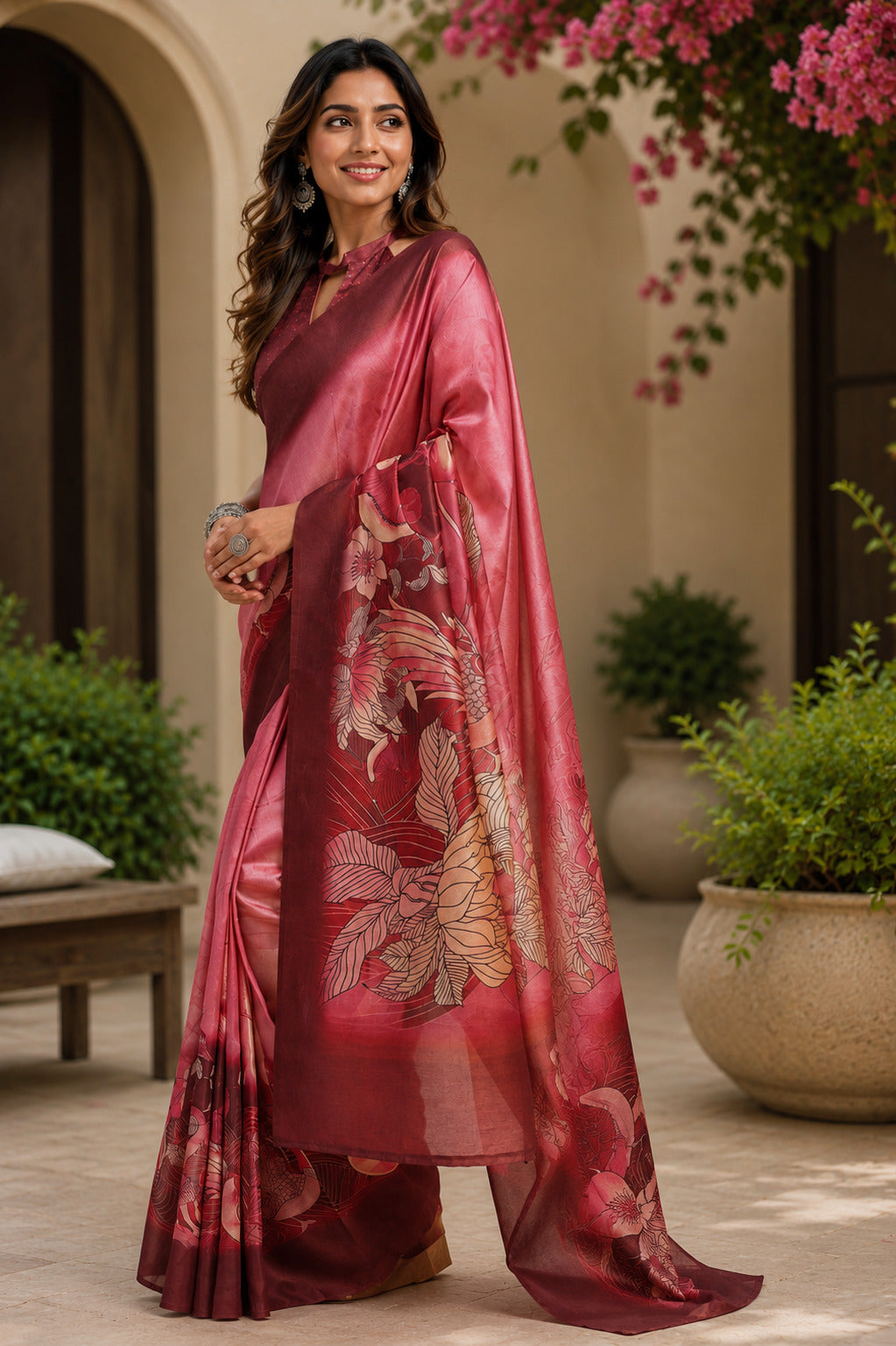 Baby Pink Ready To Wear Printed Linen Saree with Unstitched Blouse