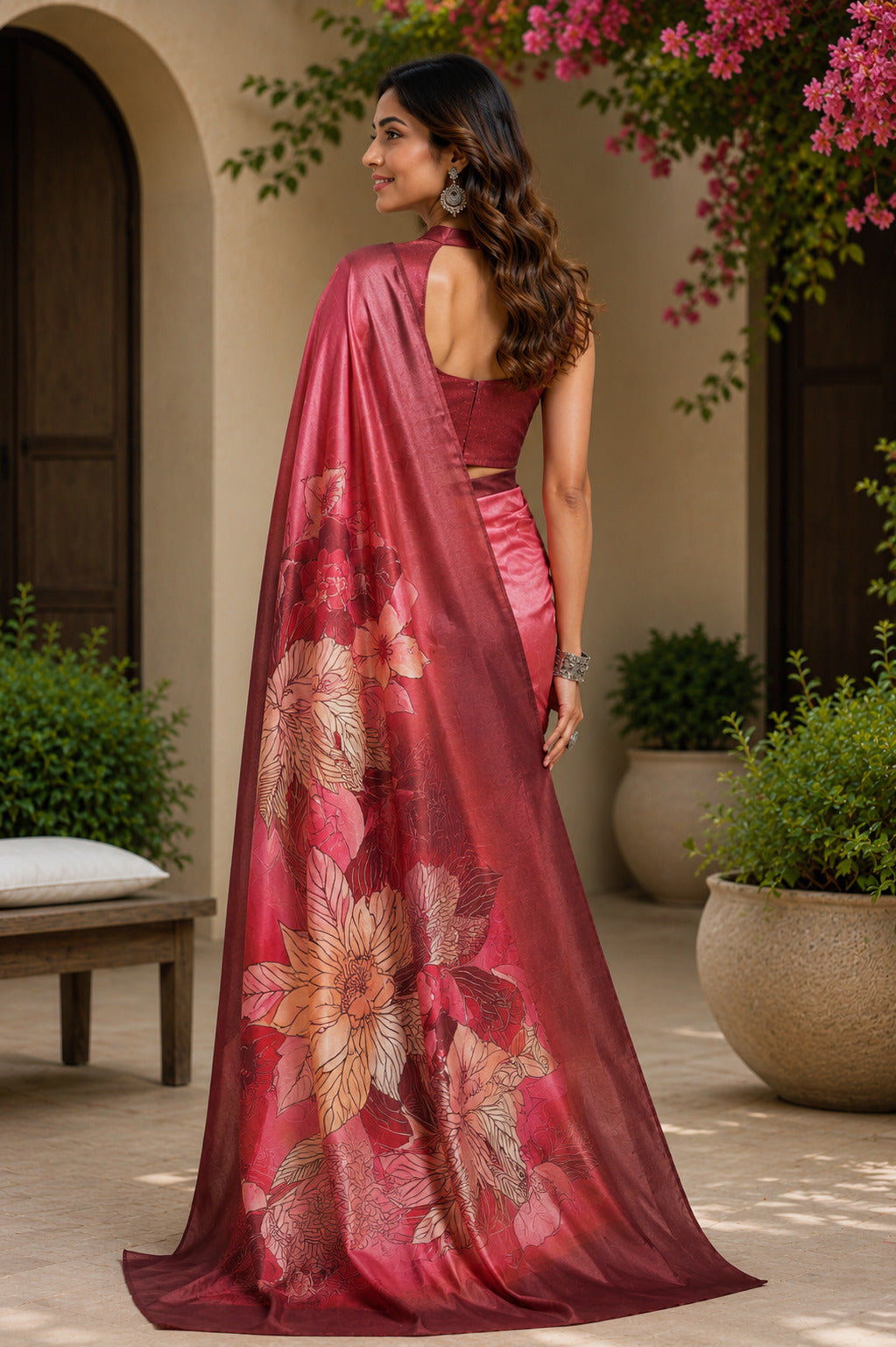 Baby Pink Ready To Wear Printed Linen Saree with Unstitched Blouse