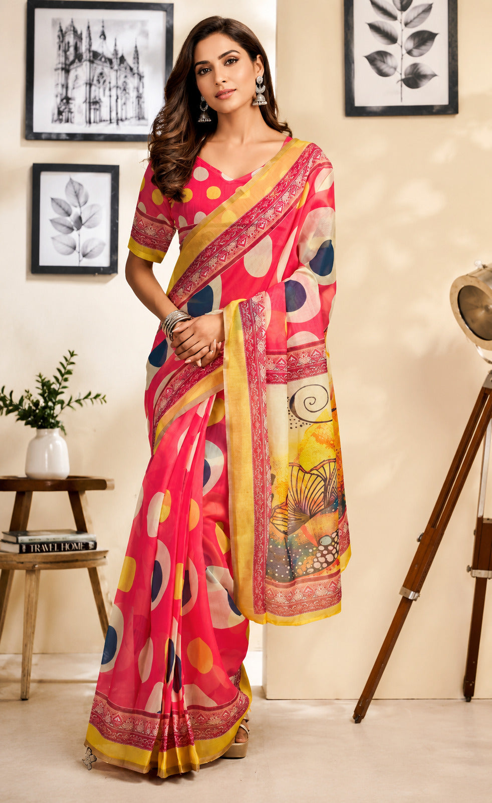 Elegant red printed chanderi cotton ready-to-wear saree
