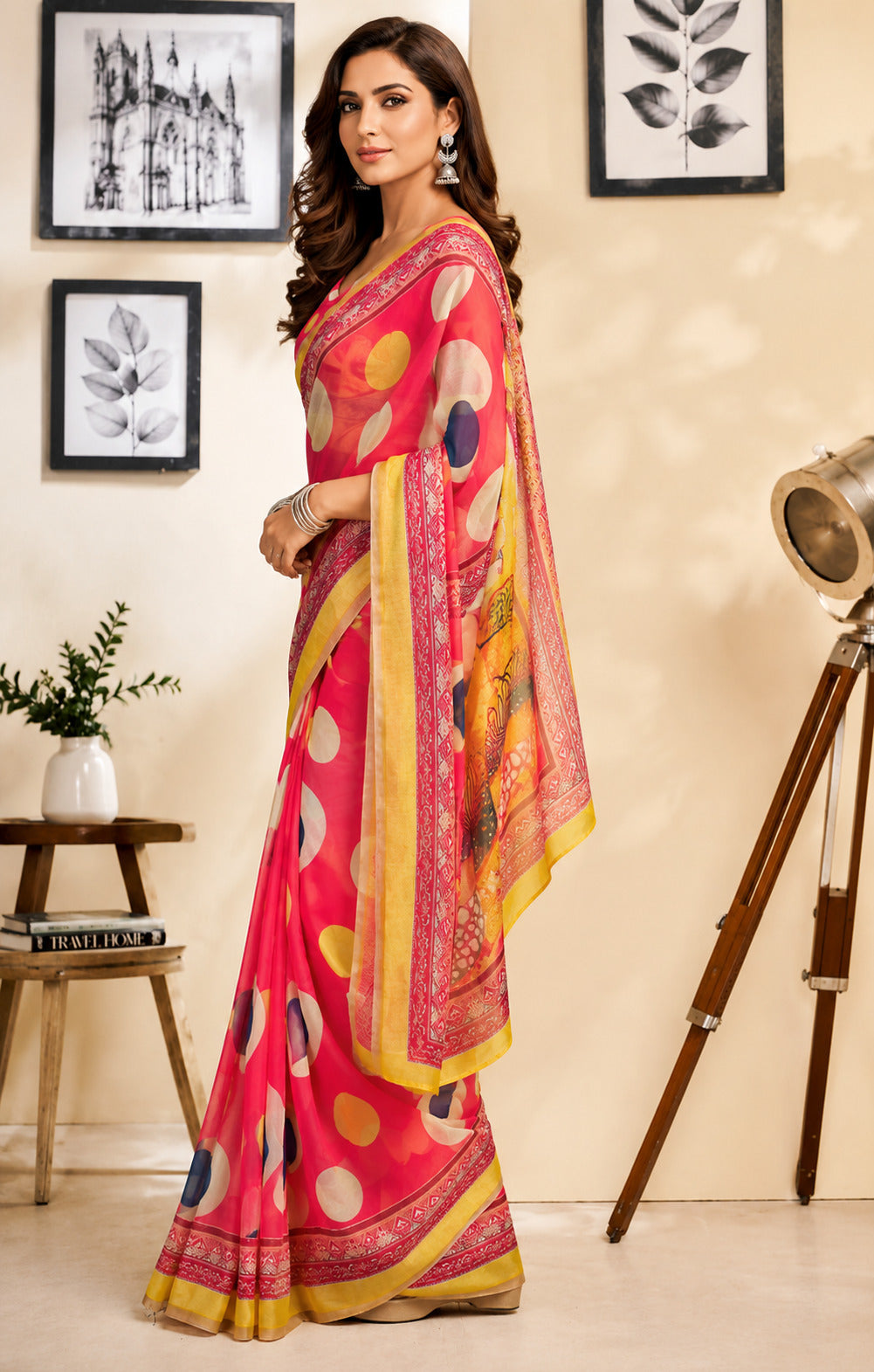 Red Printed Chanderi Cotton Ready To Wear Saree with Blouse