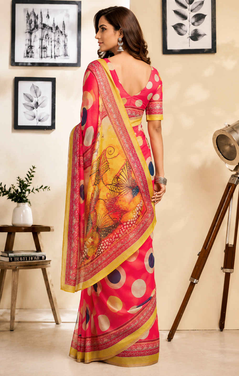Red Printed Chanderi Cotton Ready To Wear Saree with Blouse