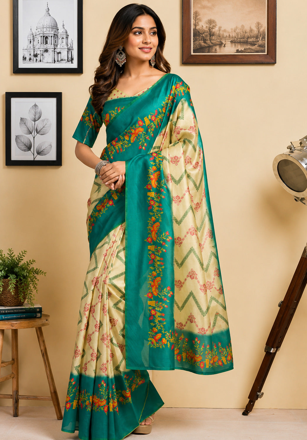 Off-white printed ready-to-wear saree in Chanderi cotton fabric
