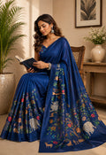 Navy Blue Printed Ready-to-Wear Chanderi Cotton Saree