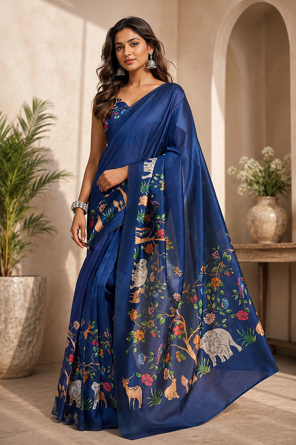 Navy blue printed Chanderi cotton ready-to-wear saree with unstitched blouse