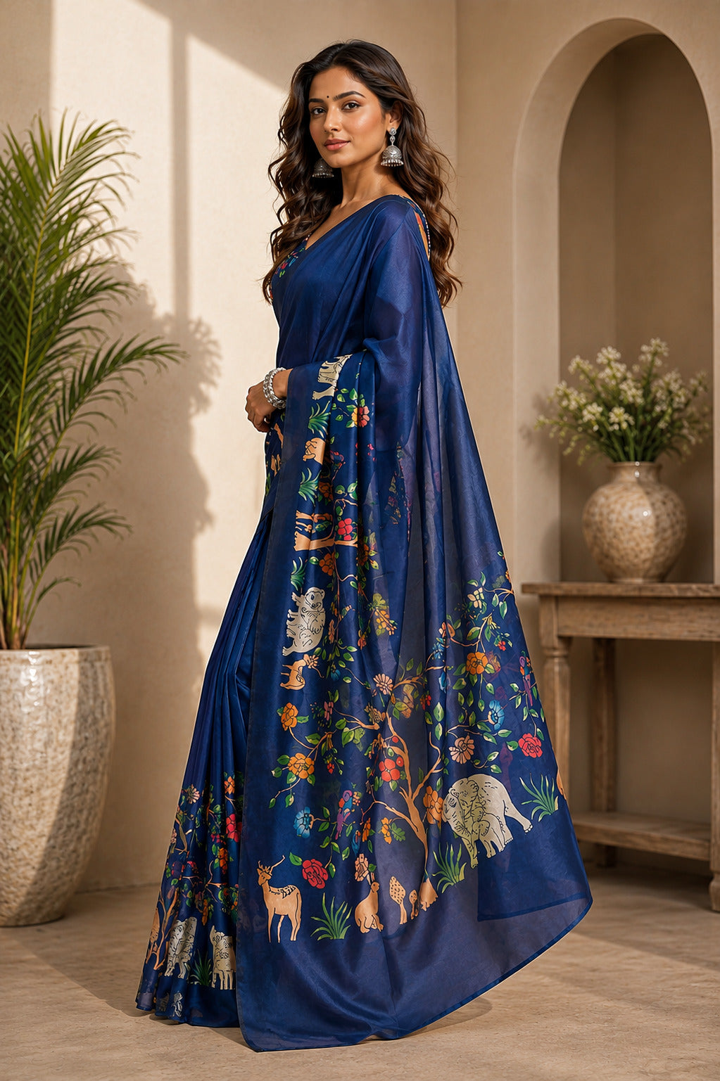Navy Blue Printed Ready-to-Wear Chanderi Cotton Saree