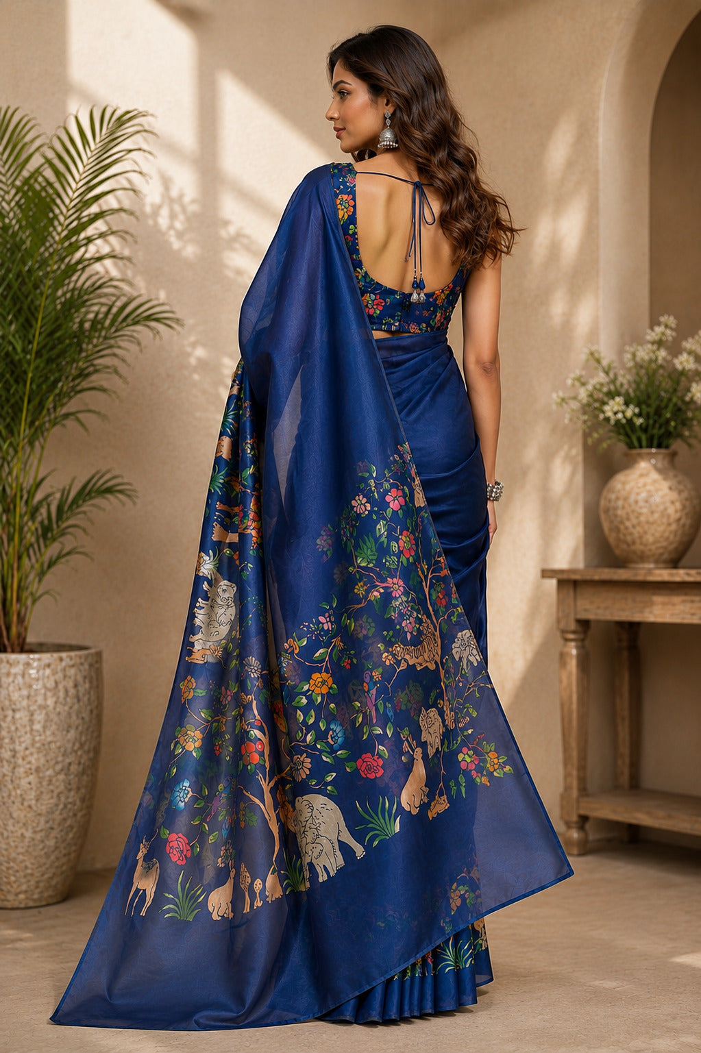 Navy Blue Printed Ready-to-Wear Chanderi Cotton Saree