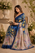 Navy Blue Printed Chanderi Cotton Ready-to-Wear Party Saree