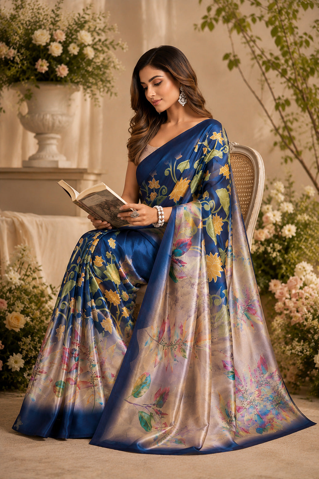Navy Blue Printed Chanderi Cotton Ready-to-Wear Party Saree