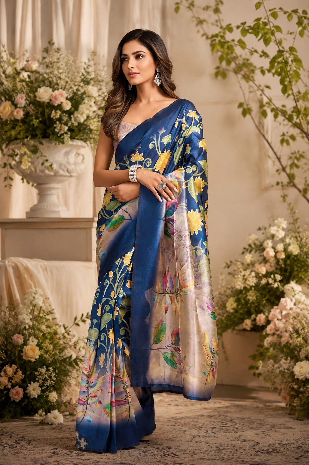 Navy blue printed Chanderi cotton saree with ready-to-wear drape and unstitched blouse