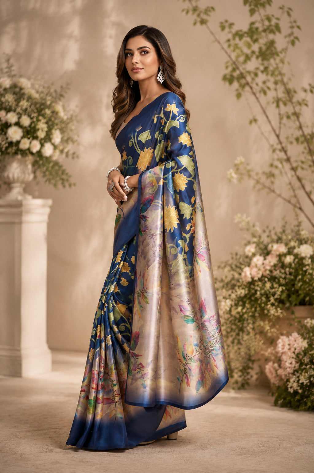 Navy Blue Printed Chanderi Cotton Ready-to-Wear Party Saree