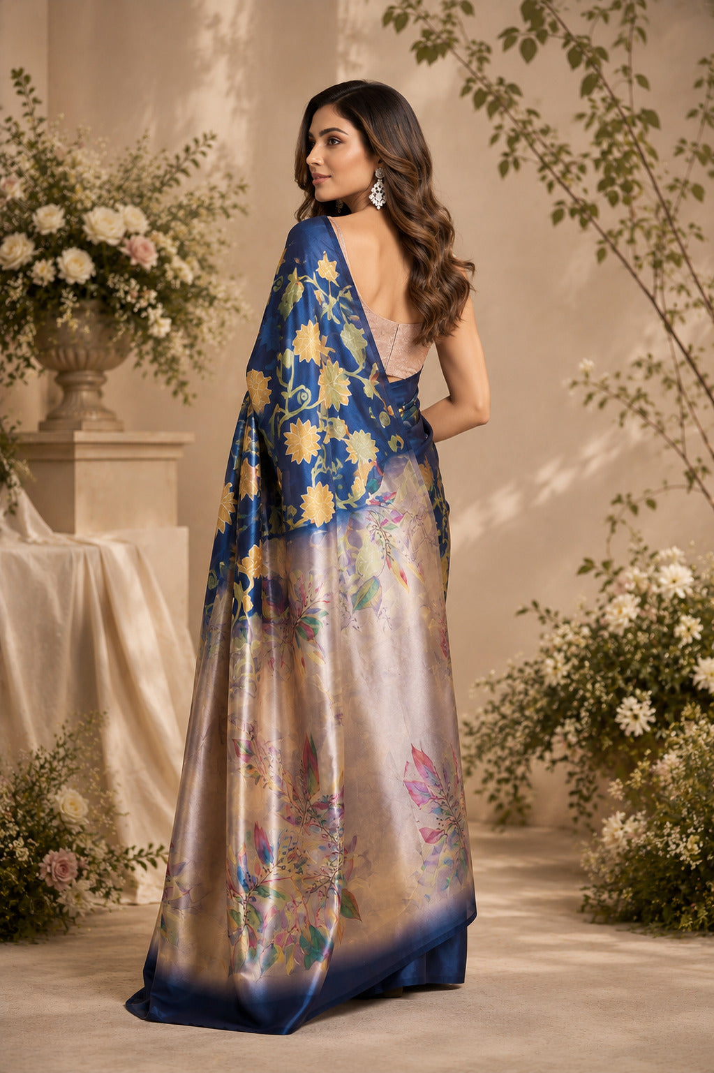 Navy Blue Printed Chanderi Cotton Ready-to-Wear Party Saree