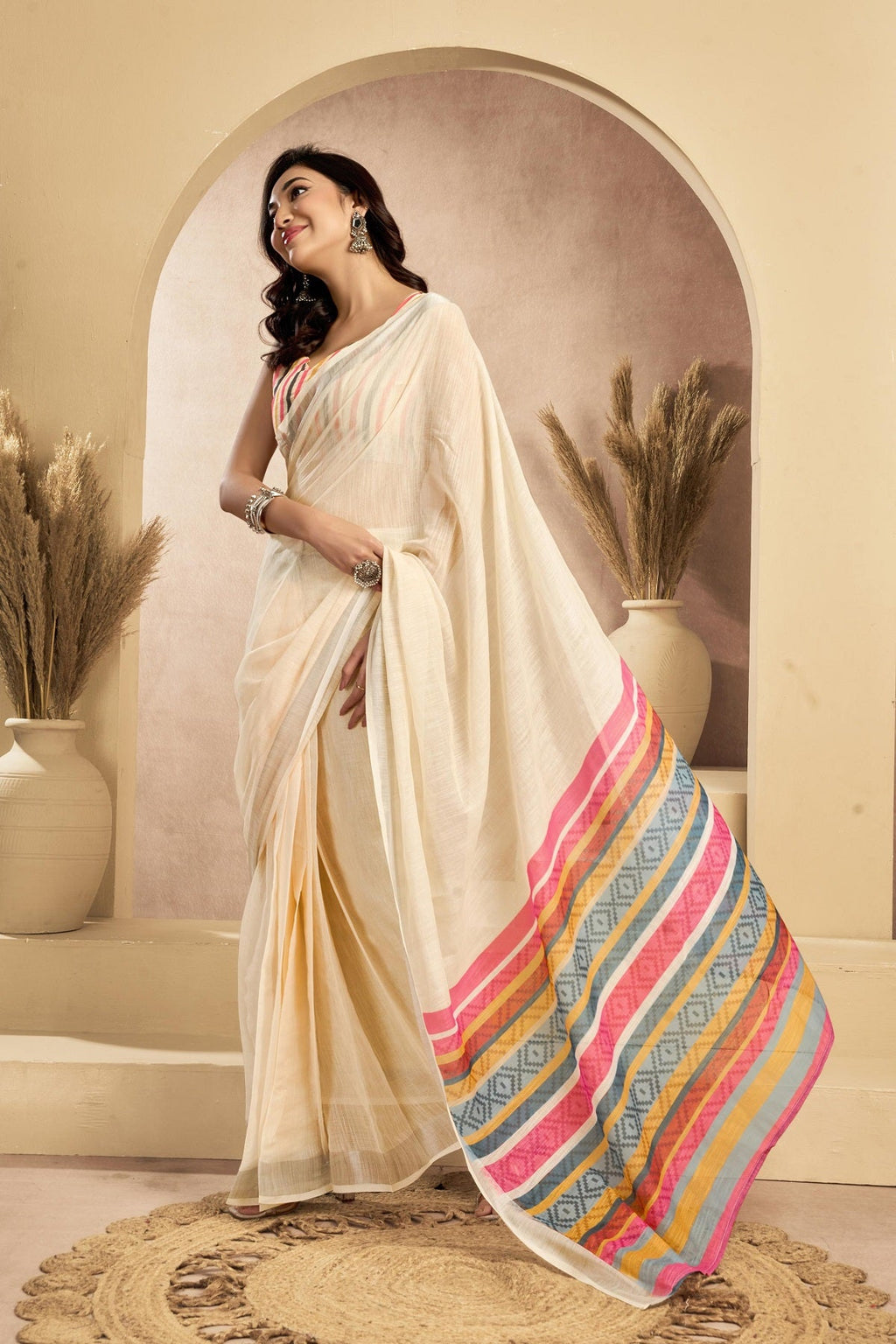 Off-white printed linen ready-to-wear saree with matching unstitched blouse