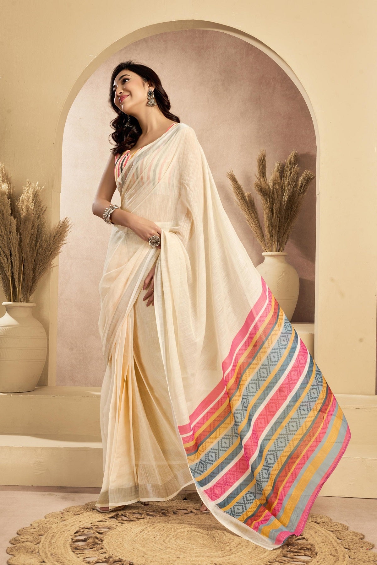Off-white printed linen ready-to-wear saree with matching unstitched blouse