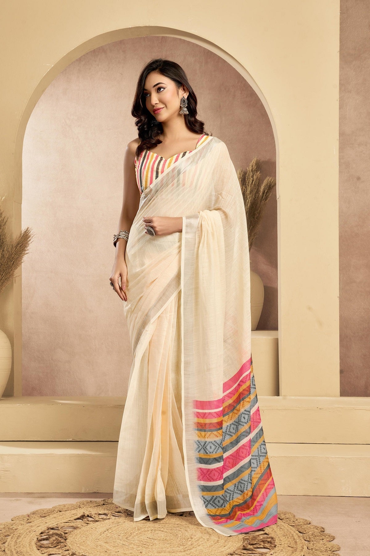 Off-White Printed Linen Ready-to-Wear Party Saree with Blouse