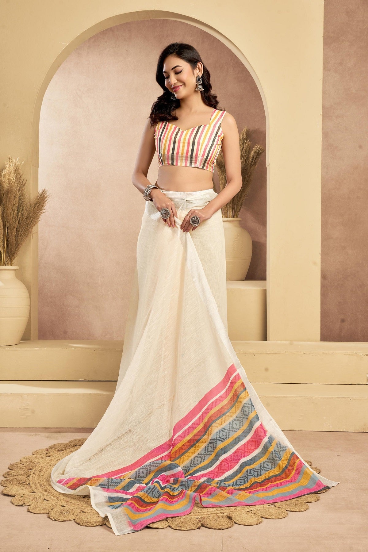 Off-White Printed Linen Ready-to-Wear Party Saree with Blouse