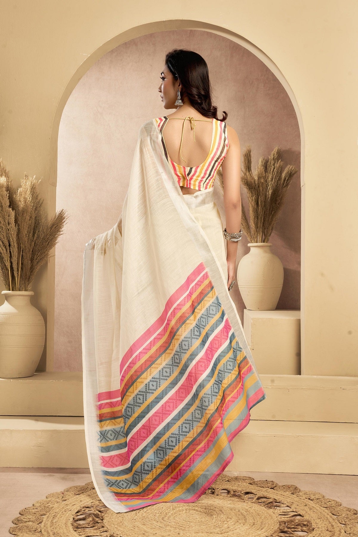 Off-White Printed Linen Ready-to-Wear Party Saree with Blouse