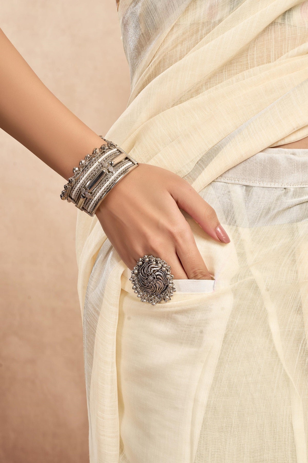 Off-White Printed Linen Ready-to-Wear Party Saree with Blouse