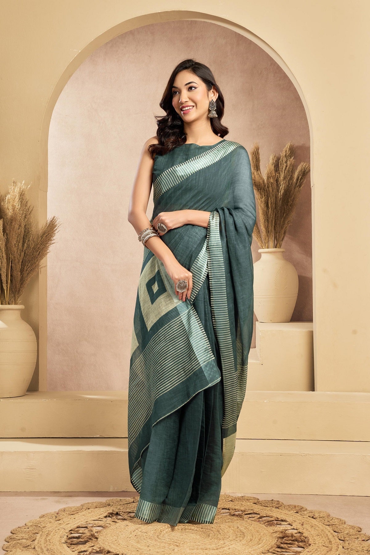 Sage Green printed linen ready-to-wear saree with matching unstitched blouse piece