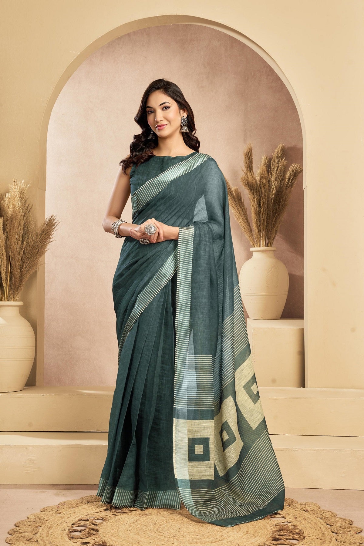 Sage Green Printed Linen Ready-to-Wear Saree with Unstitched Blouse
