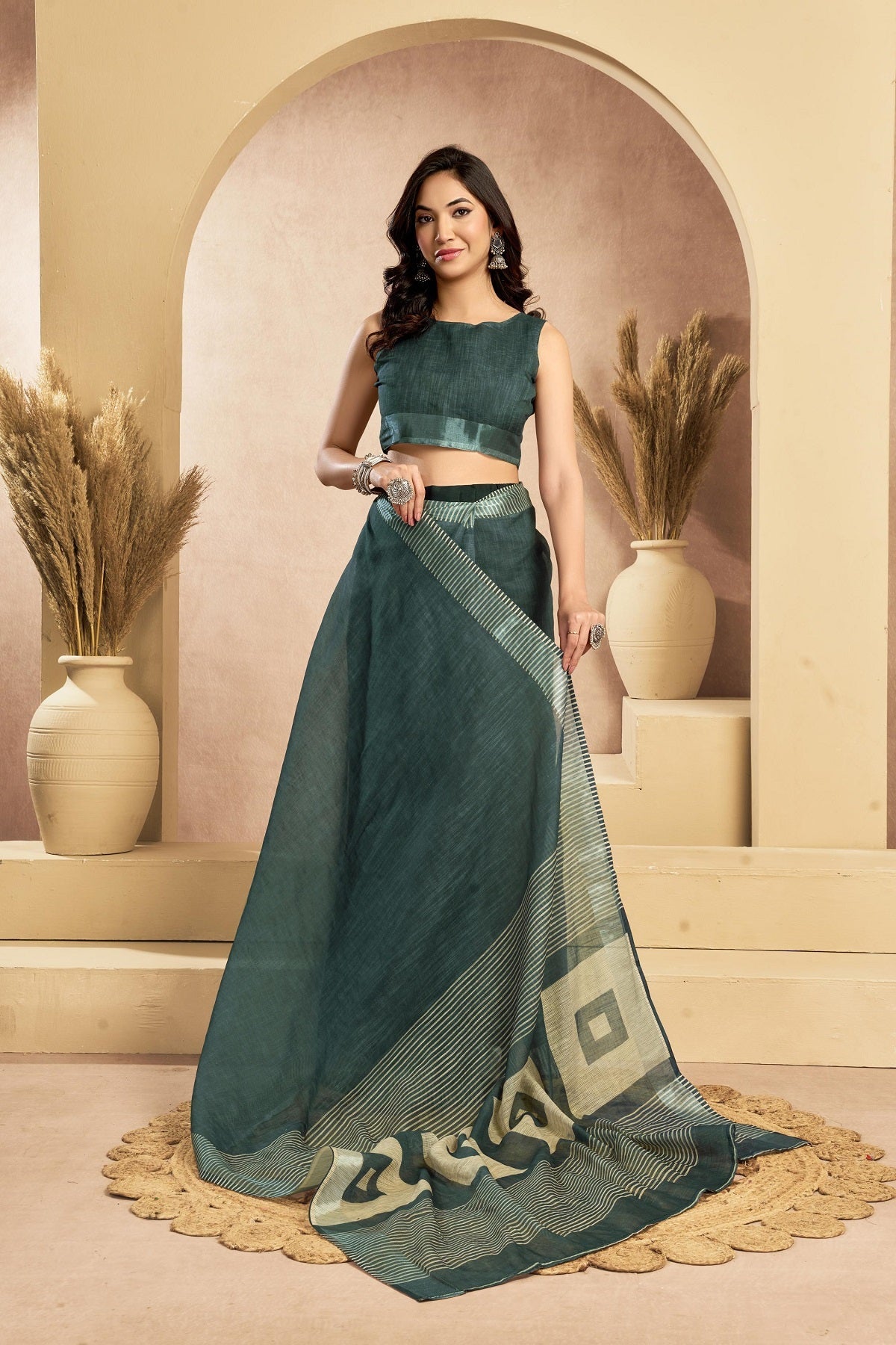 Sage Green Printed Linen Ready-to-Wear Saree with Unstitched Blouse