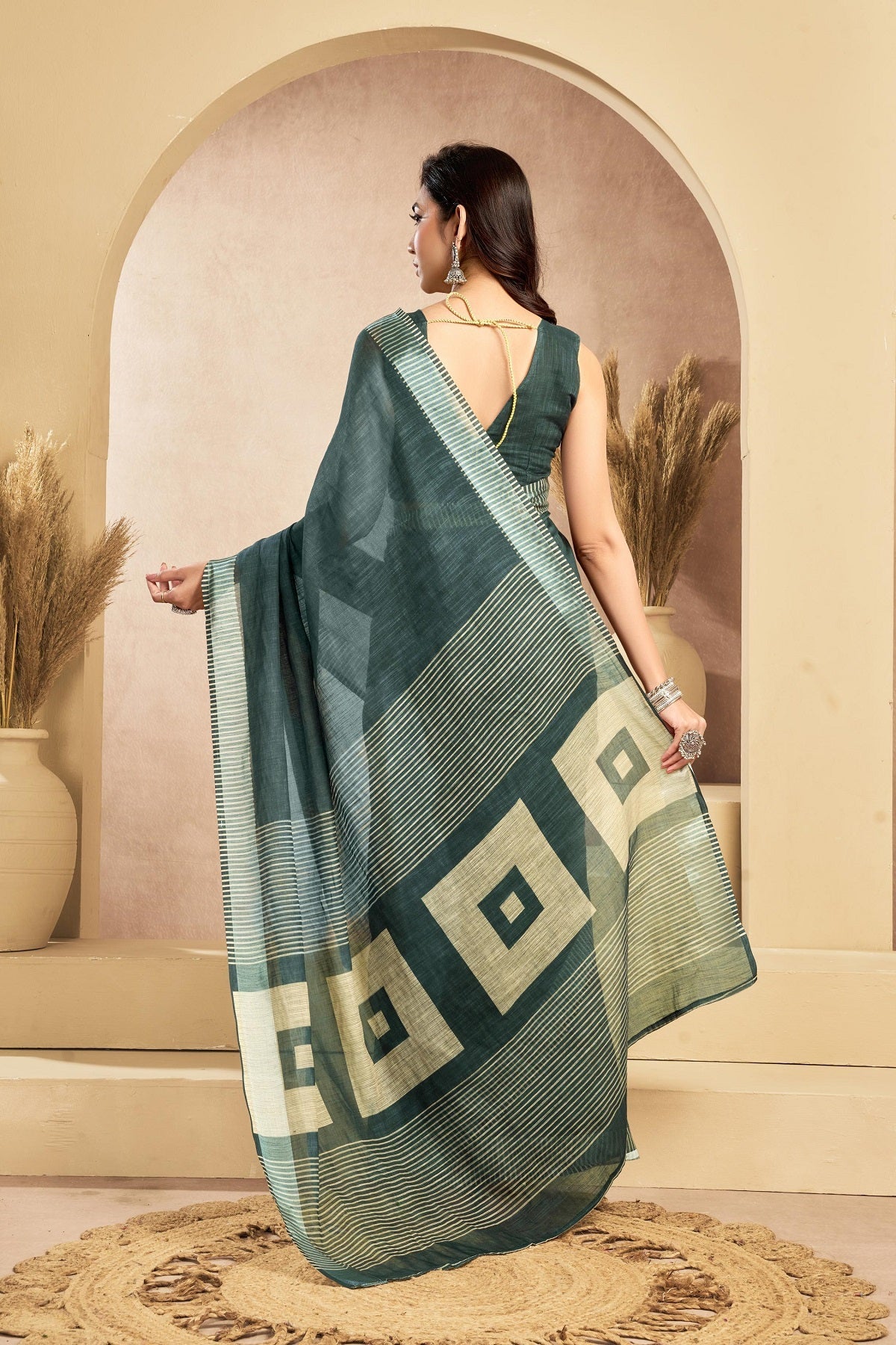 Sage Green Printed Linen Ready-to-Wear Saree with Unstitched Blouse