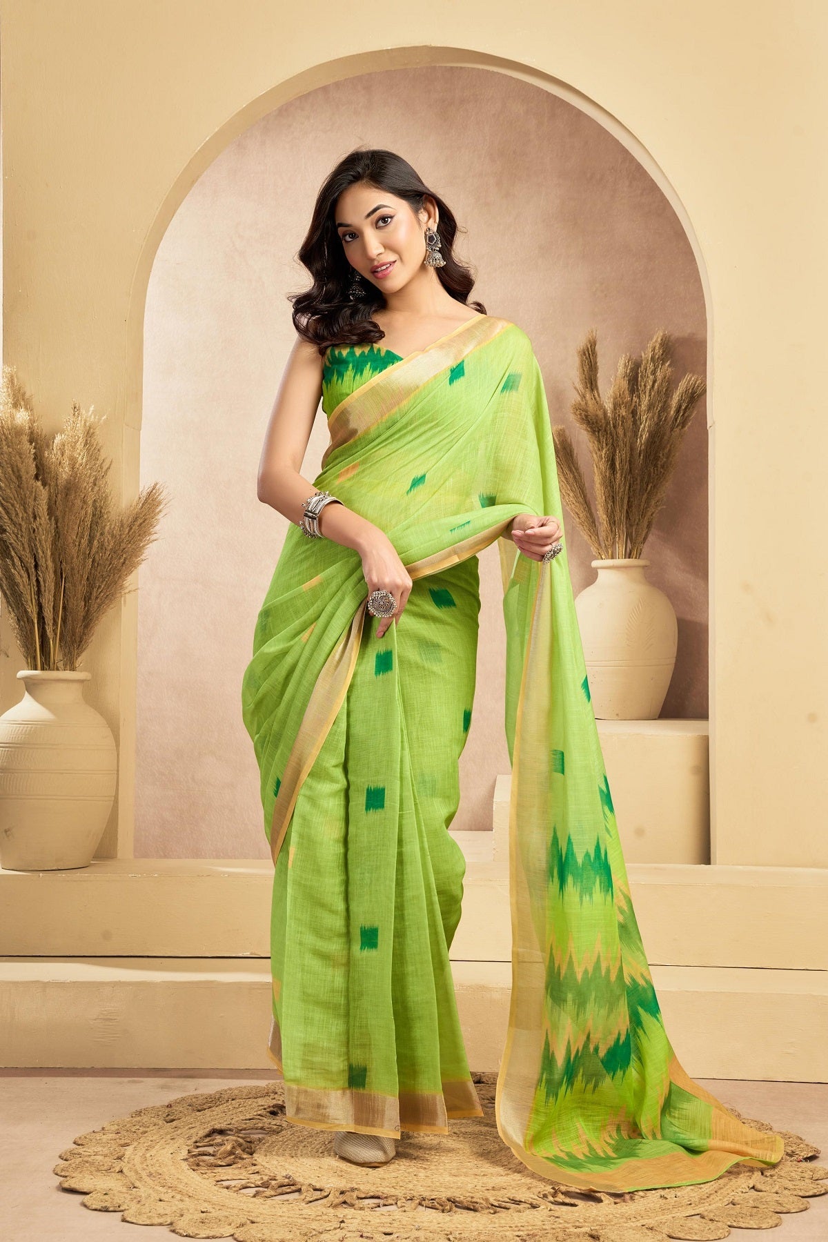 Mint Green Printed Linen Ready-to-Wear Saree with Blouse Piece