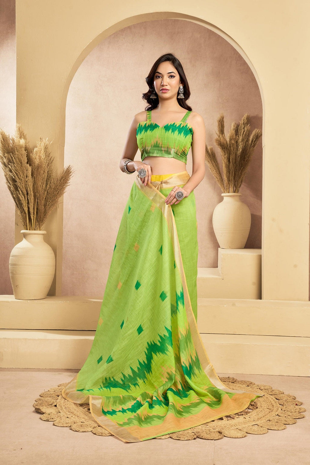 Mint Green Printed Linen Ready-to-Wear Saree with Blouse Piece