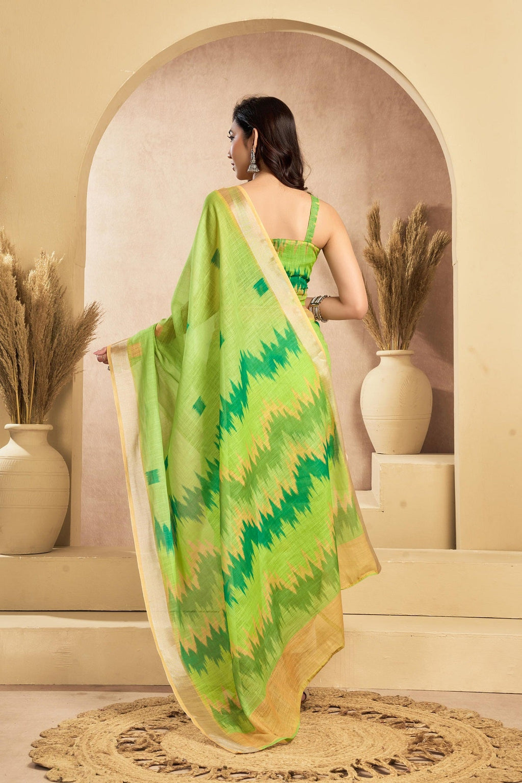 Mint Green Printed Linen Ready-to-Wear Saree with Blouse Piece