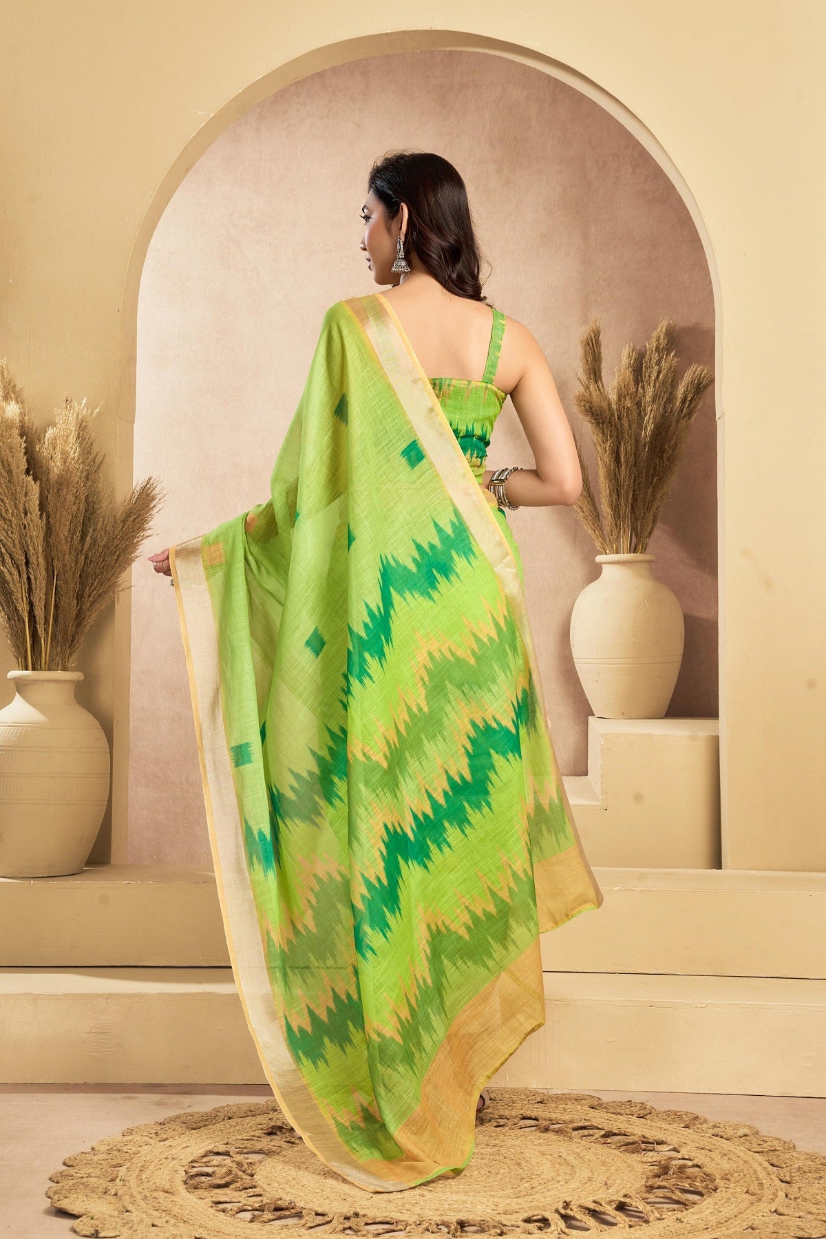 Mint Green Printed Linen Ready-to-Wear Saree with Blouse Piece