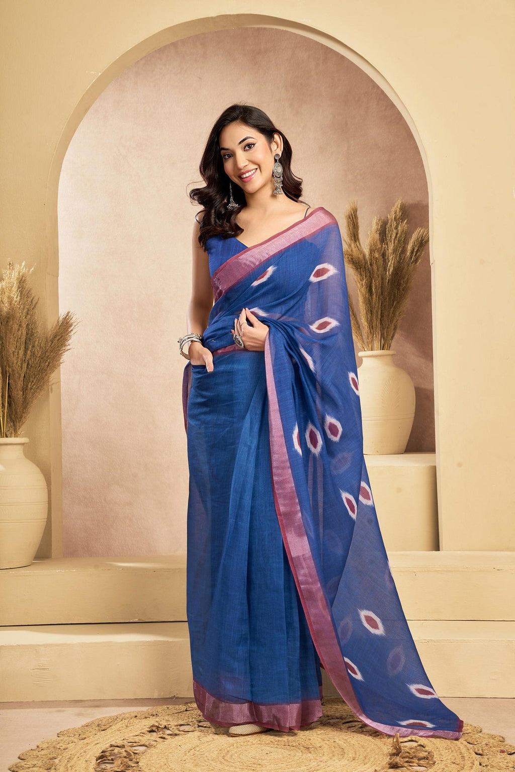 Dark blue printed linen ready-to-wear saree with unstitched blouse
