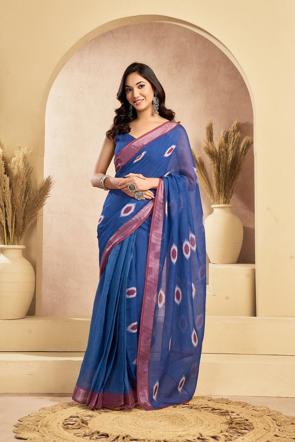 Dark Blue Printed Linen Ready-to-Wear Saree with Blouse