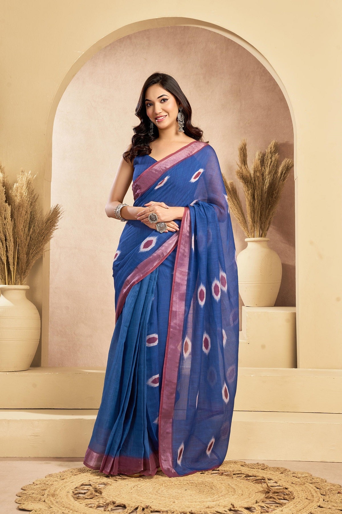 Dark Blue Printed Linen Ready-to-Wear Saree with Blouse