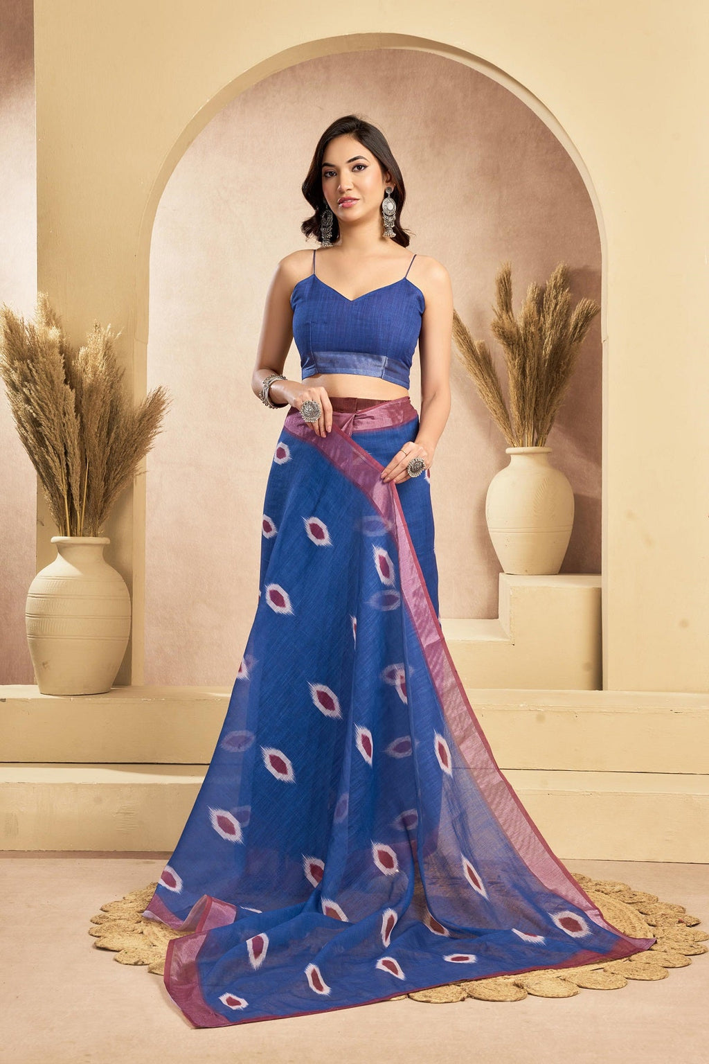 Dark Blue Printed Linen Ready-to-Wear Saree with Blouse