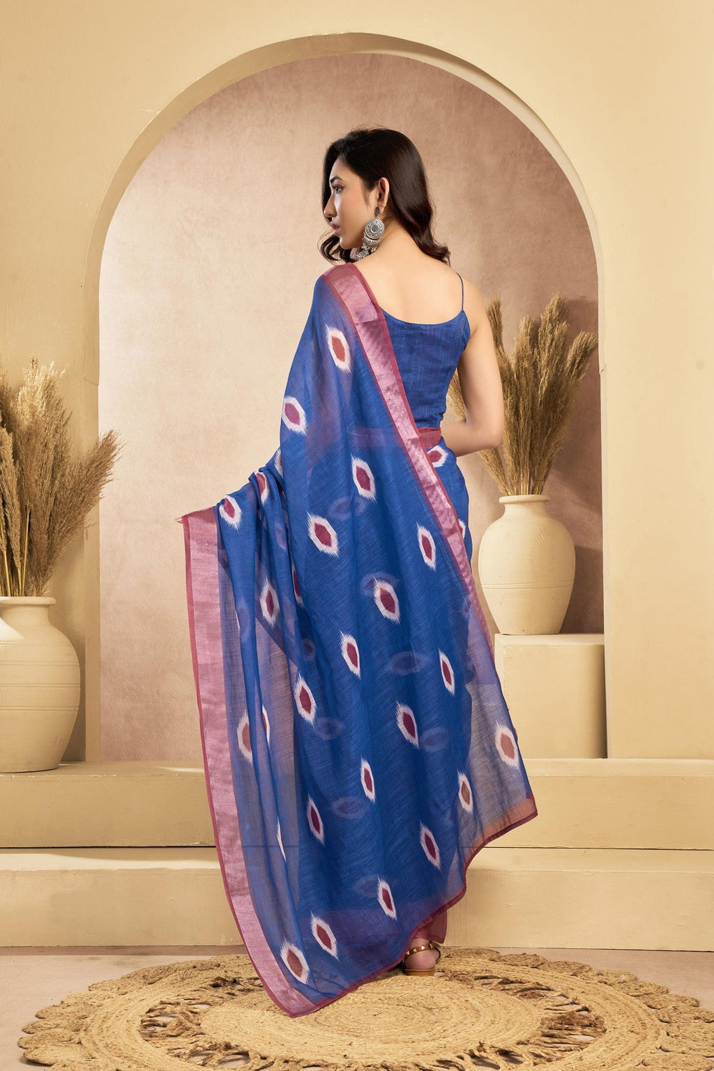 Dark Blue Printed Linen Ready-to-Wear Saree with Blouse