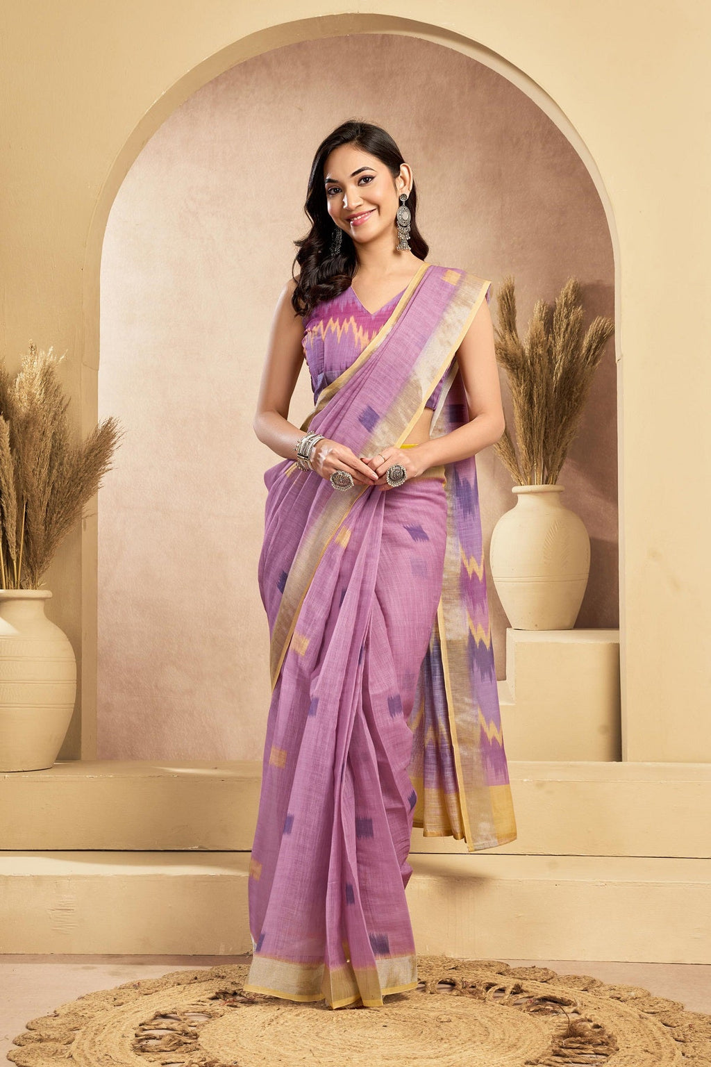 Dusky Pink Printed Linen Ready to Wear Saree with Unstitched Blouse