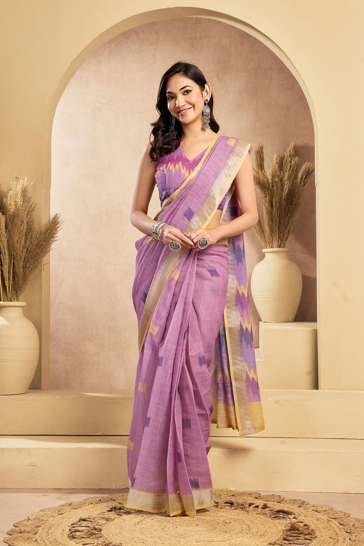 Dusky Pink Printed Linen Ready to Wear Saree with Unstitched Blouse
