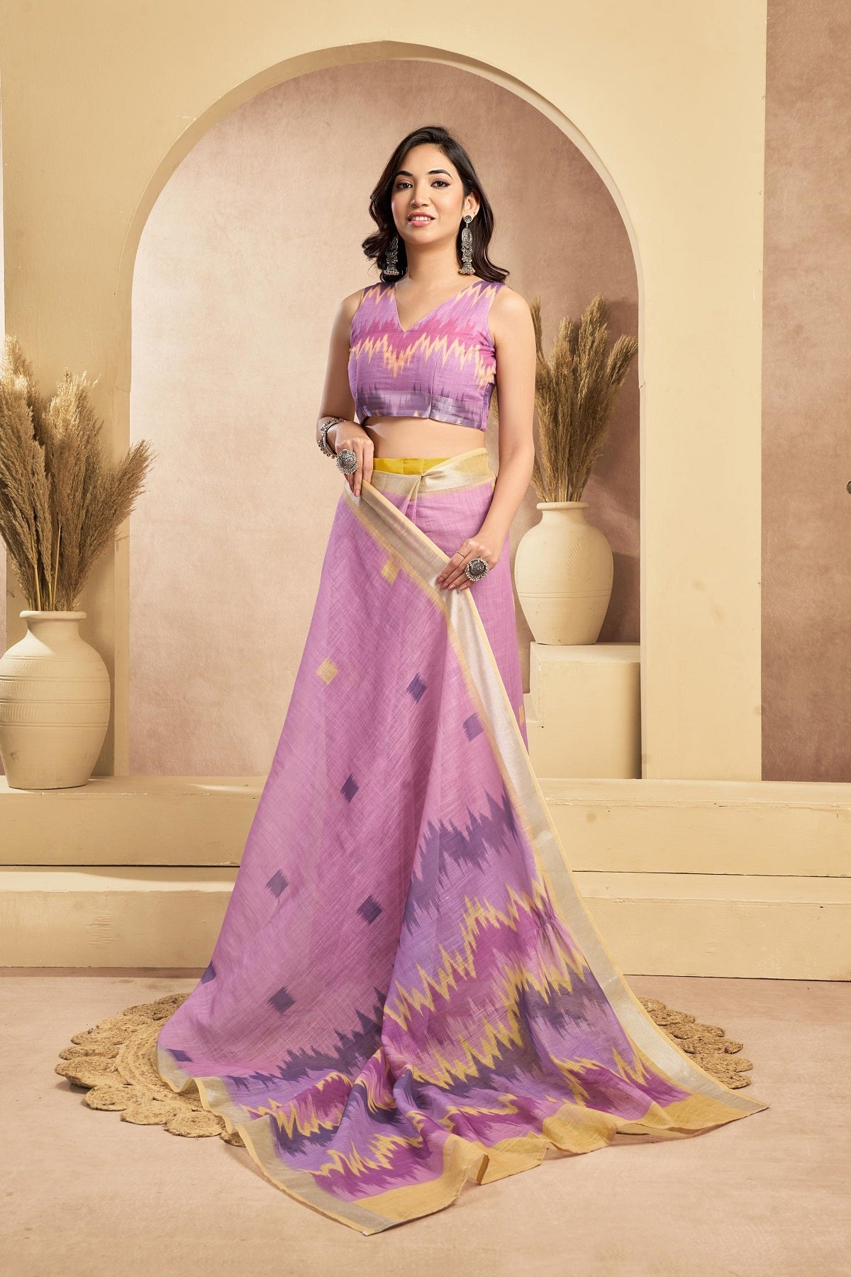 Dusky Pink Printed Linen Ready to Wear Saree with Unstitched Blouse