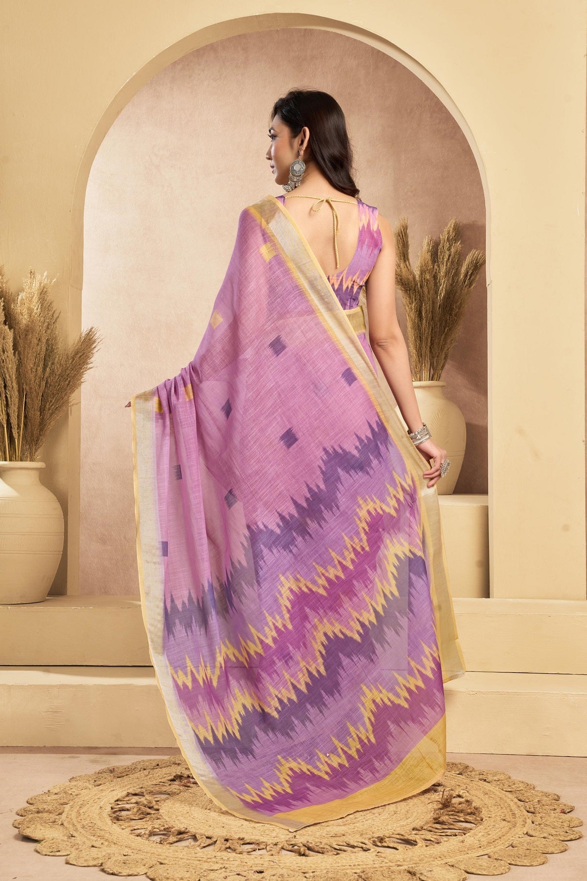 Dusky Pink Printed Linen Ready to Wear Saree with Unstitched Blouse