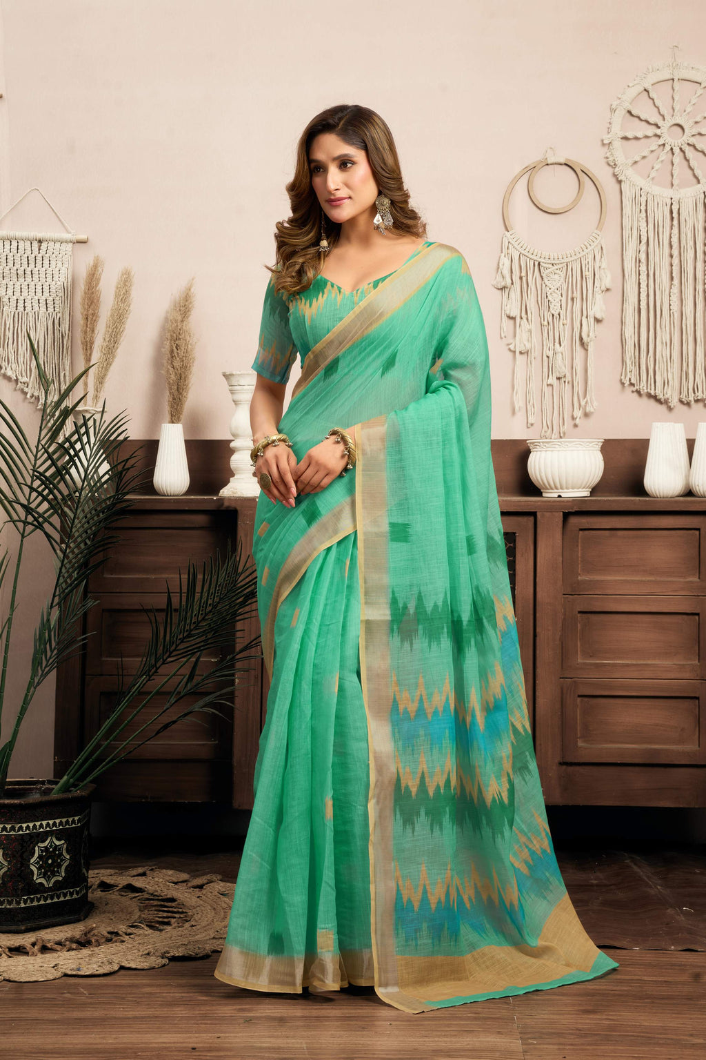 Mint Green Printed Linen Ready-to-Wear Saree with Blouse Piece
